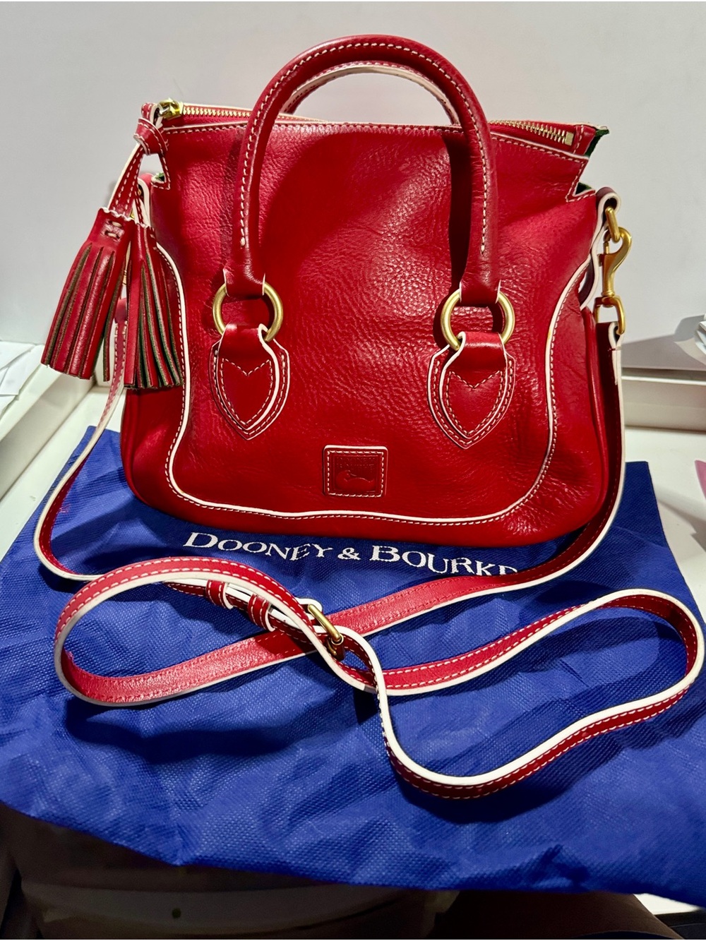 Dooney & Bourke Red Leather Satchel Tassel Crossbody Strap Florentine Savannah